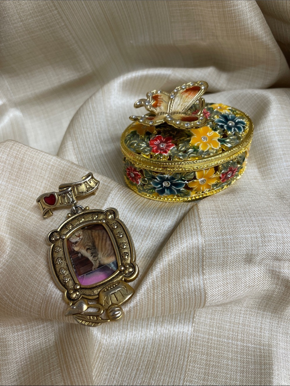 Gold-Tone Floral Butterfly Trinket  Box & Brooch — Yellow, Red & Blue Enamel